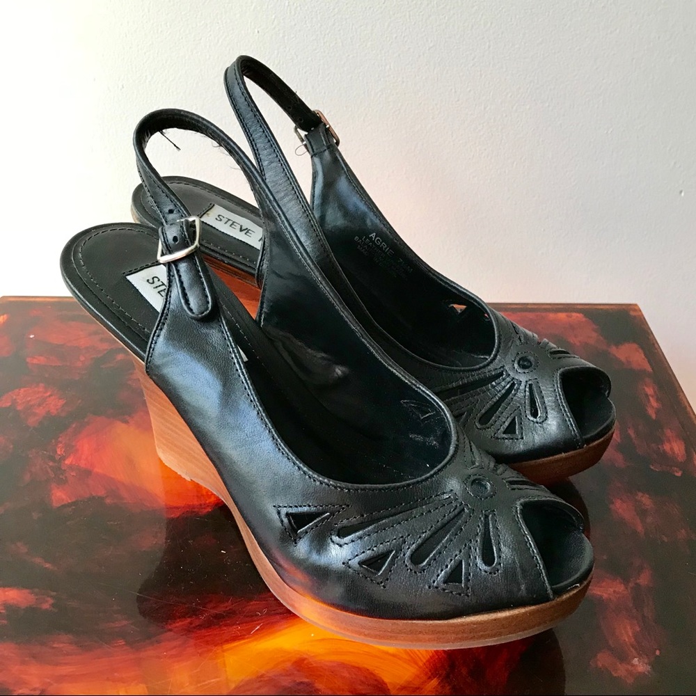STEVE MADDEN BLACK AGRIE LEATHER WEDGE HEEL 7.5